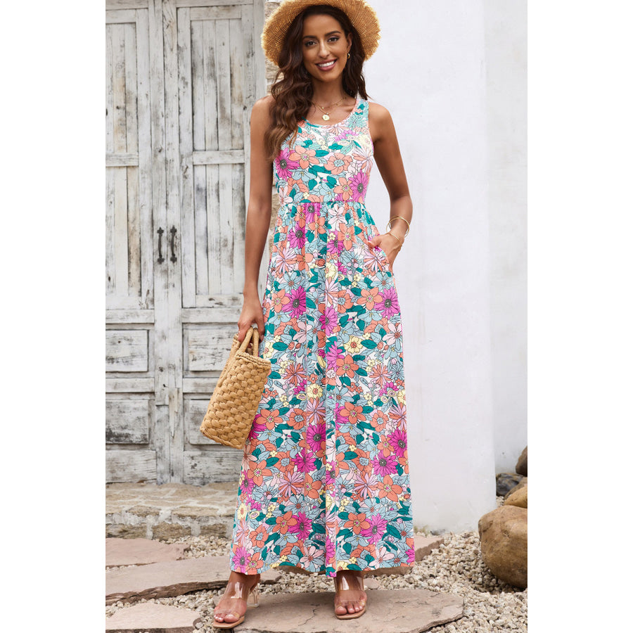 Round Neck Sleeveless Maxi Dress with Pockets Multicolor / S