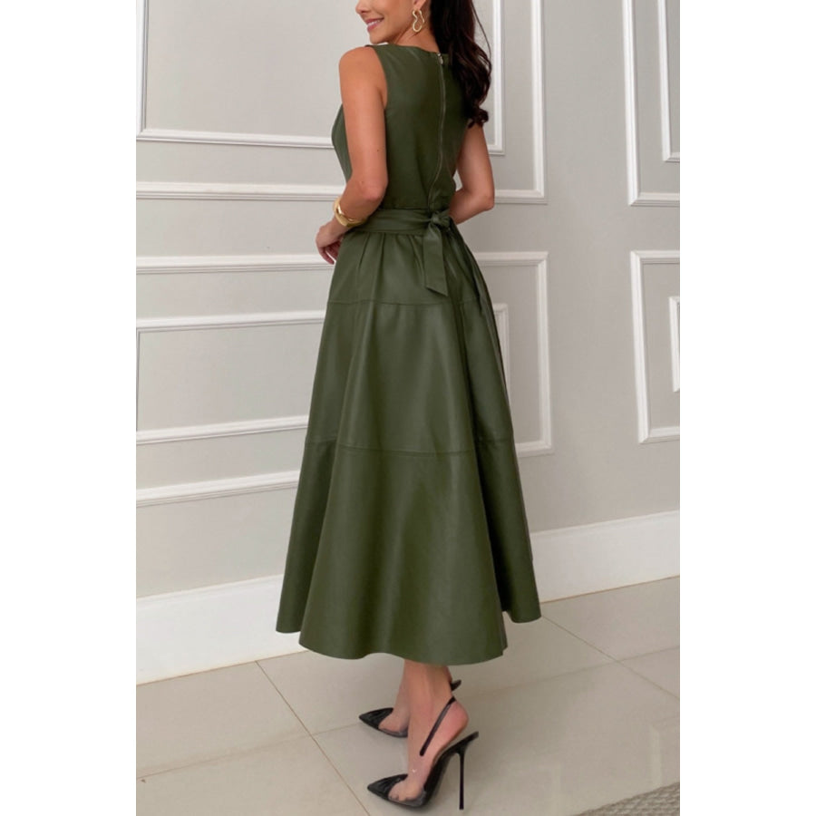 Round Neck Sleeveless Midi Dress Army Green / S Apparel and Accessories