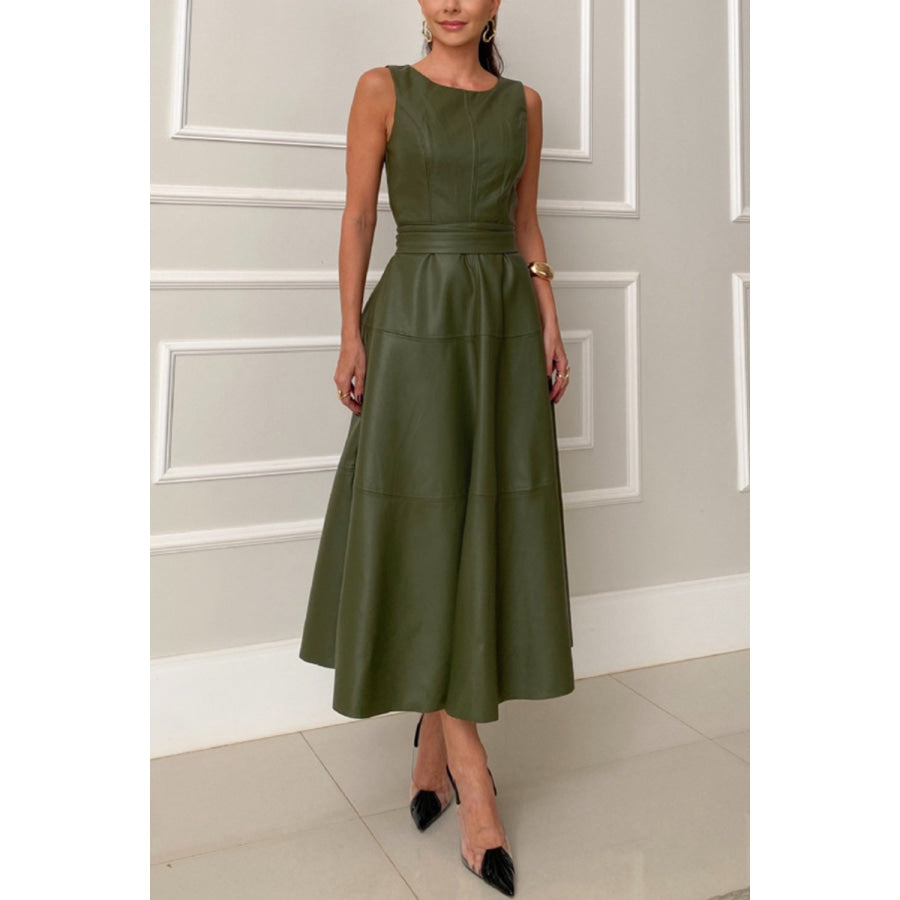 Round Neck Sleeveless Midi Dress Army Green / S Apparel and Accessories