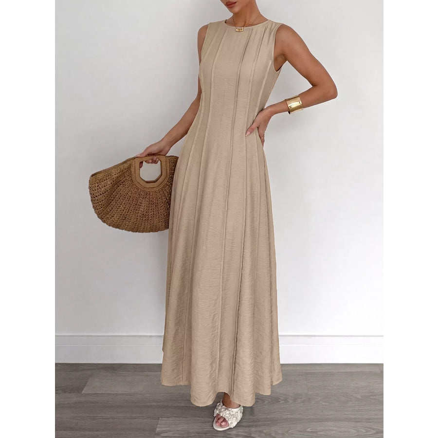 Round Neck Sleeveless Texture Maxi Dress Apparel and Accessories