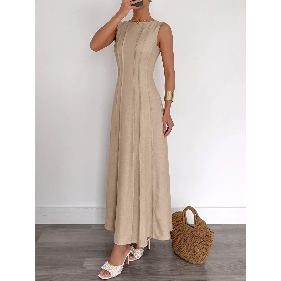 Round Neck Sleeveless Texture Maxi Dress Apparel and Accessories