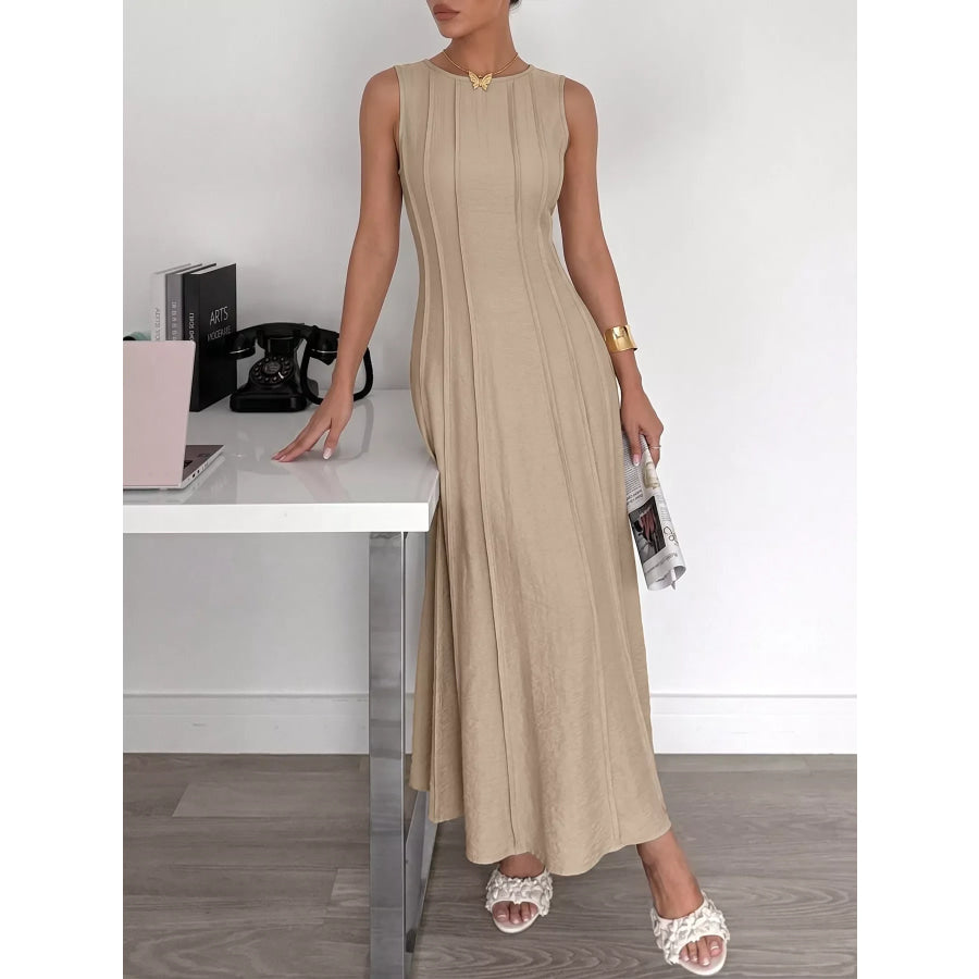 Round Neck Sleeveless Texture Maxi Dress Khaki / S Apparel and Accessories