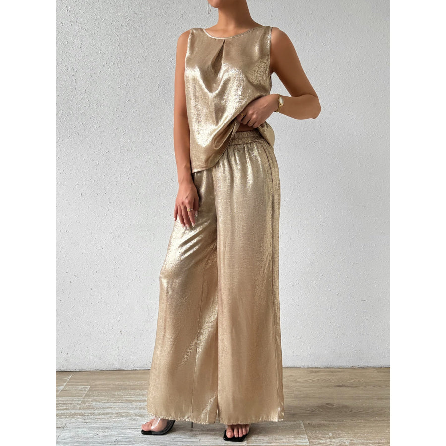 Round Neck Sleeveless Top and Pants Set Apparel and Accessories