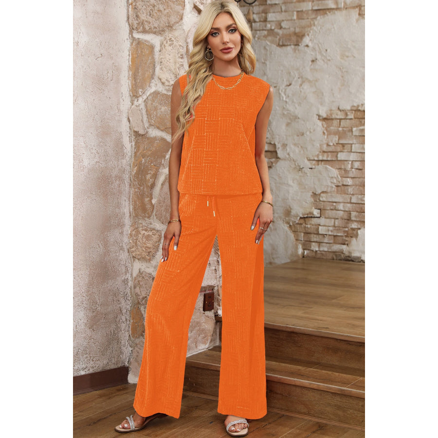Round Neck Sleeveless Top and Pants Set Tangerine / S Apparel and Accessories