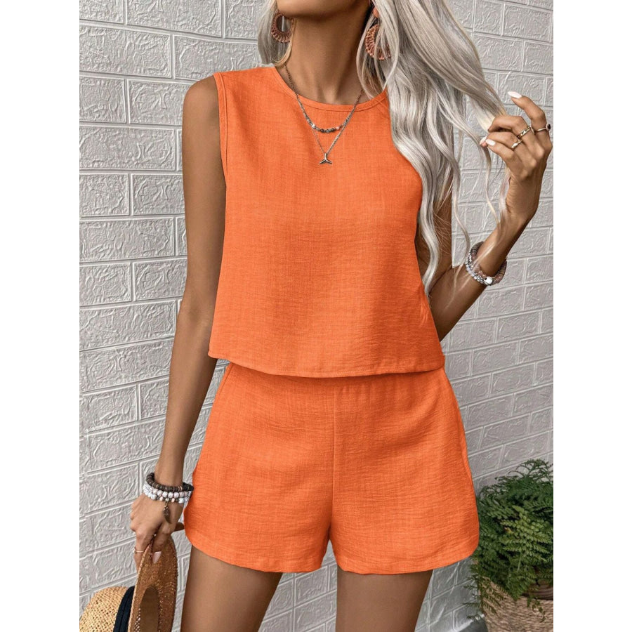 Round Neck Sleeveless Top and Shorts Set Apparel and Accessories
