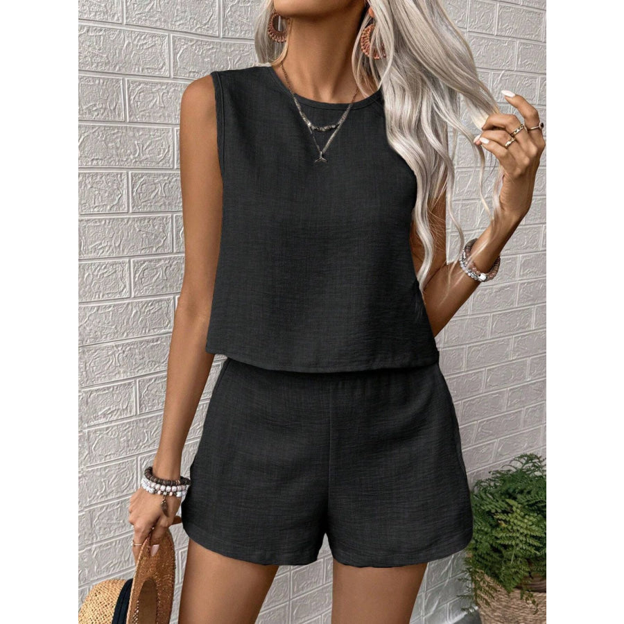 Round Neck Sleeveless Top and Shorts Set Black / S Apparel and Accessories