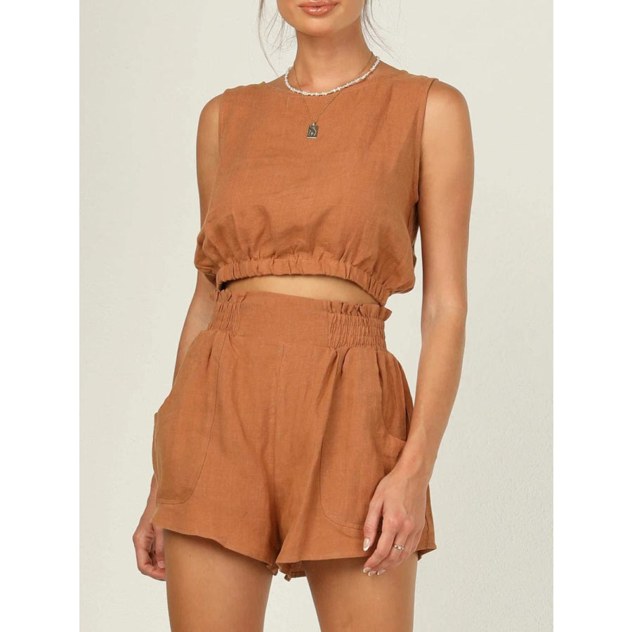 Round Neck Sleeveless Top and Shorts Set Caramel / S Apparel and Accessories