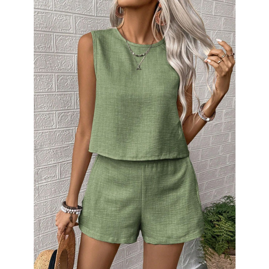 Round Neck Sleeveless Top and Shorts Set Matcha Green / S Apparel and Accessories