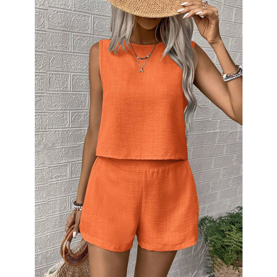 Round Neck Sleeveless Top and Shorts Set Orange / S Apparel and Accessories