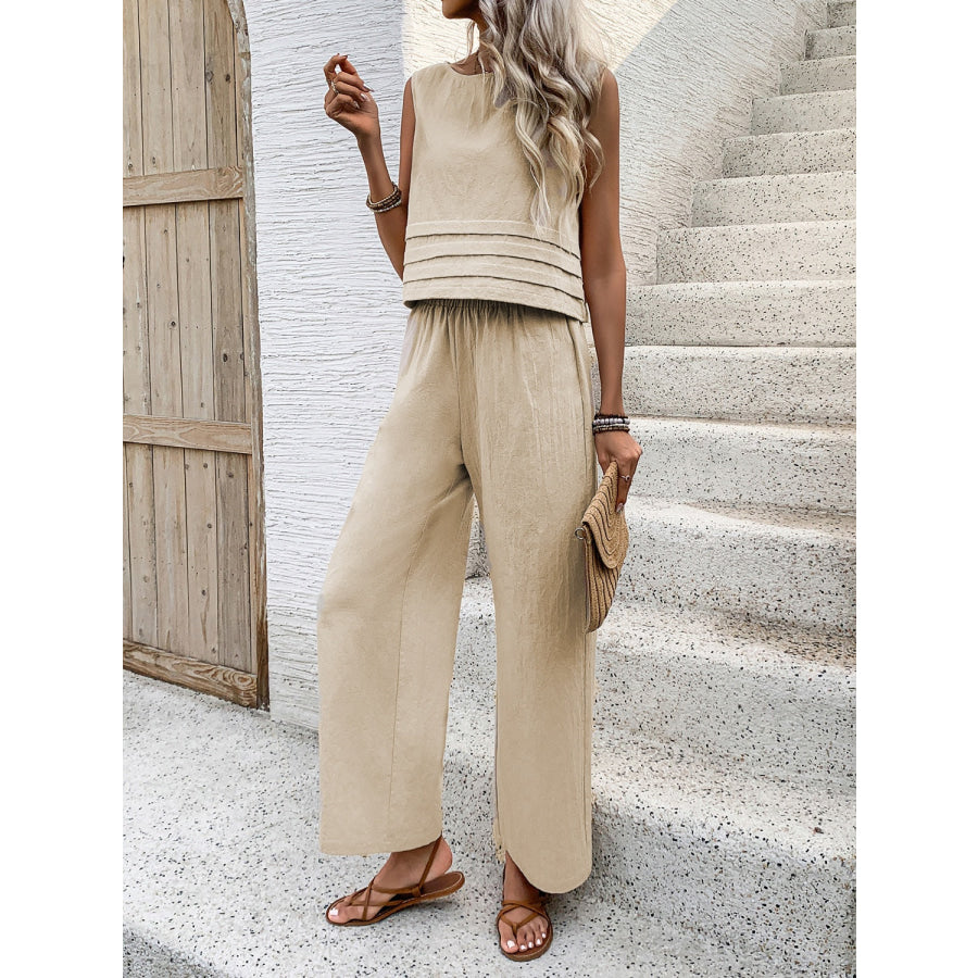 Round Neck Sleeveless Top and Wide Leg Pants Set Apparel and Accessories