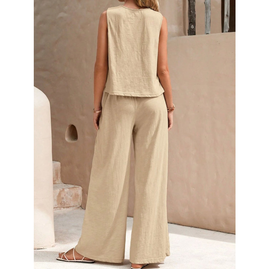 Round Neck Sleeveless Top and Wide Leg Pants Set Beige / S Apparel and Accessories