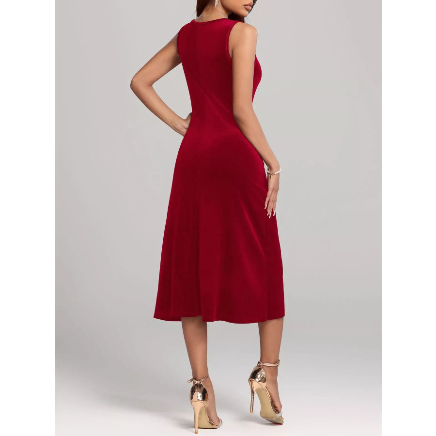 Round Neck Sleeveless Velvet A-Line Midi Dress Apparel and Accessories