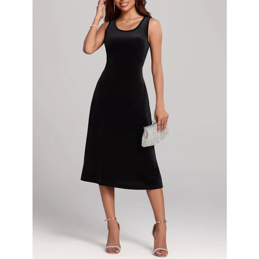 Round Neck Sleeveless Velvet A-Line Midi Dress Apparel and Accessories
