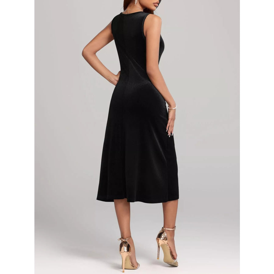 Round Neck Sleeveless Velvet A-Line Midi Dress Apparel and Accessories