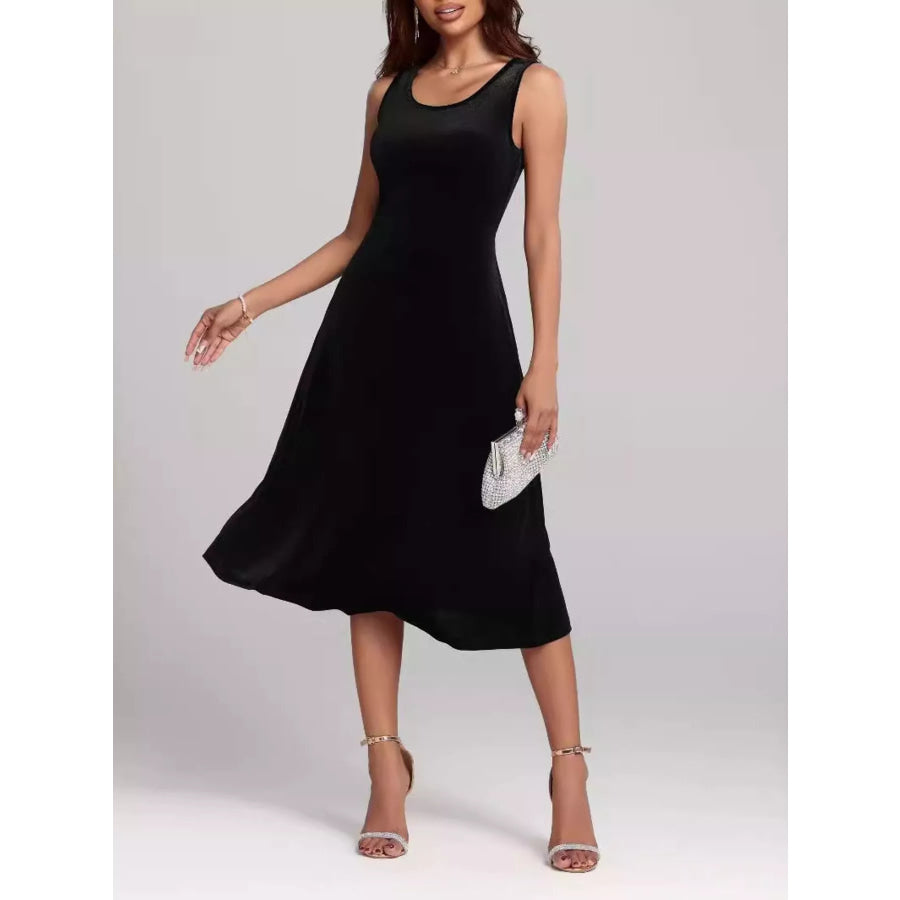 Round Neck Sleeveless Velvet A-Line Midi Dress Black / S Apparel and Accessories