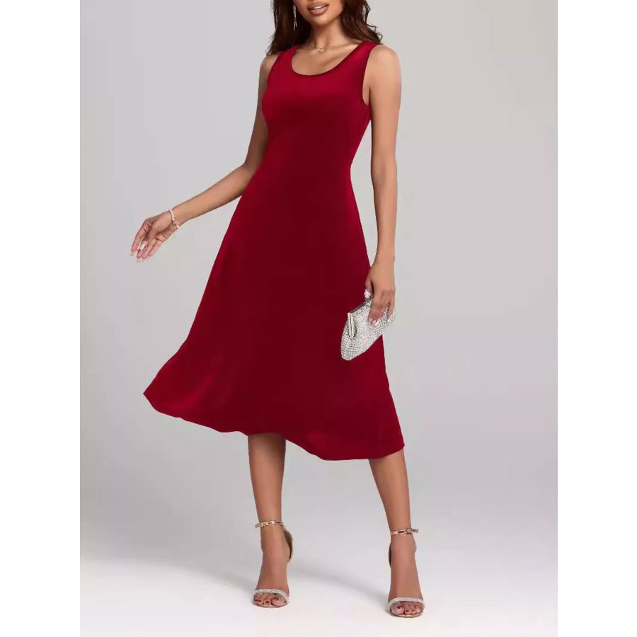 Round Neck Sleeveless Velvet A-Line Midi Dress Burgundy / S Apparel and Accessories