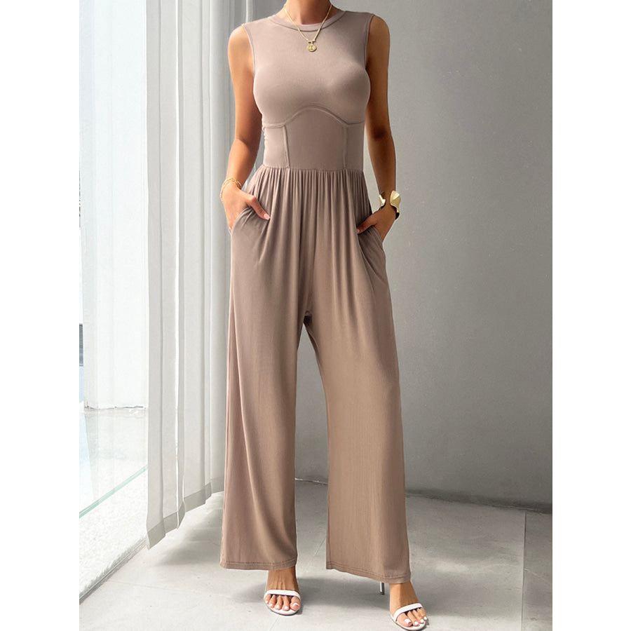 Round Neck Sleeveless Wide Leg Jumpsuit Apparel and Accessories