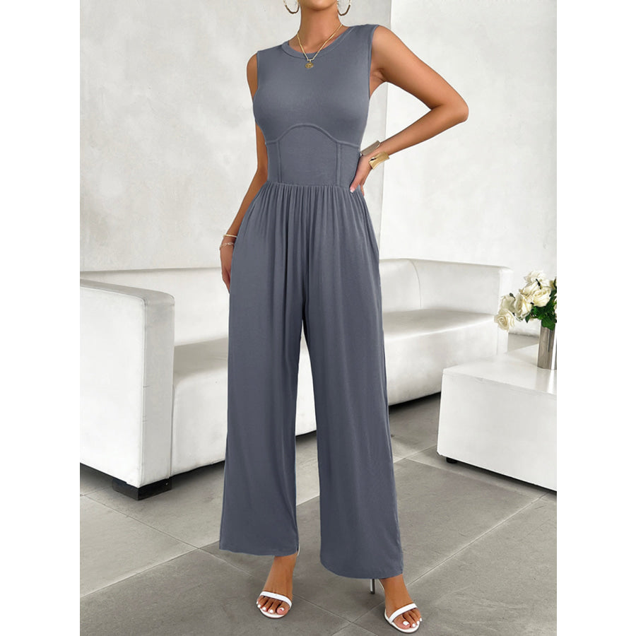 Round Neck Sleeveless Wide Leg Jumpsuit Apparel and Accessories