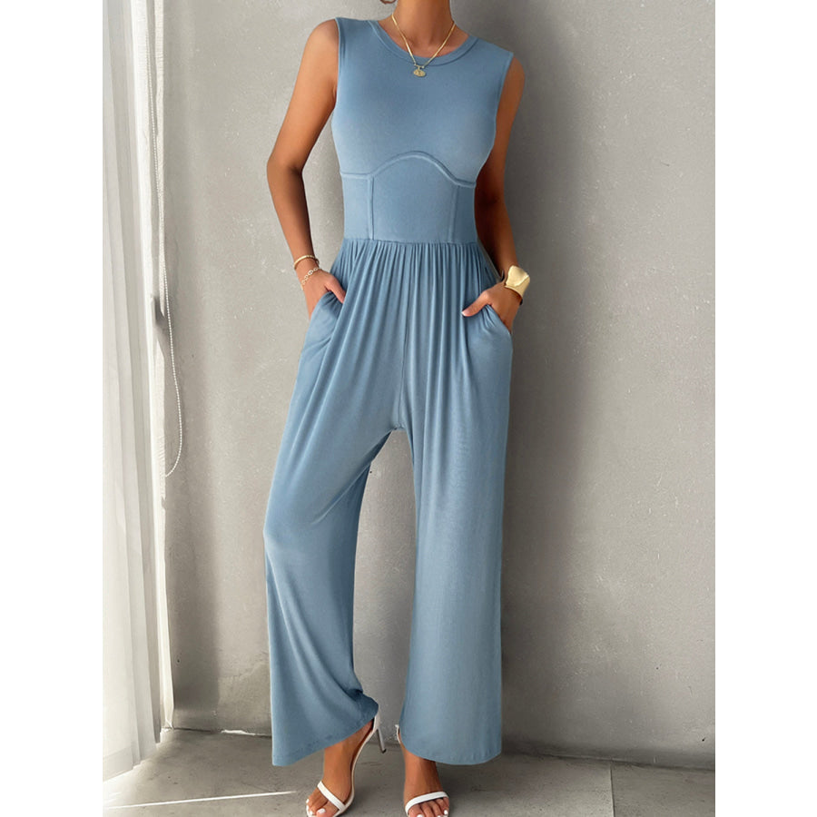 Round Neck Sleeveless Wide Leg Jumpsuit Apparel and Accessories