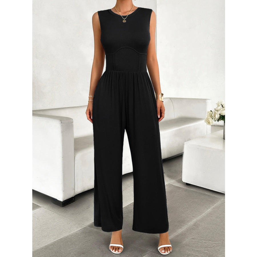 Round Neck Sleeveless Wide Leg Jumpsuit Apparel and Accessories