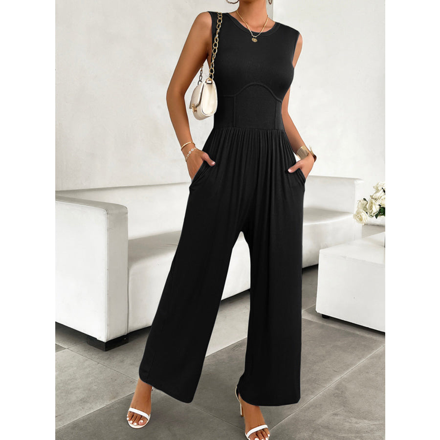 Round Neck Sleeveless Wide Leg Jumpsuit Apparel and Accessories
