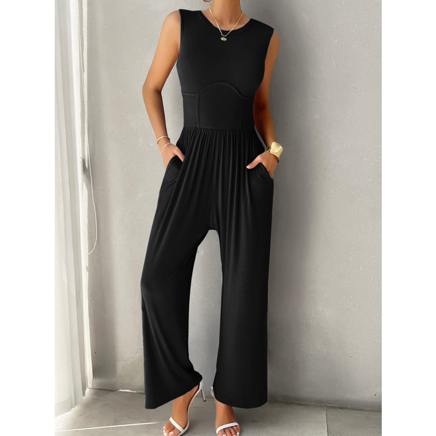 Round Neck Sleeveless Wide Leg Jumpsuit Apparel and Accessories