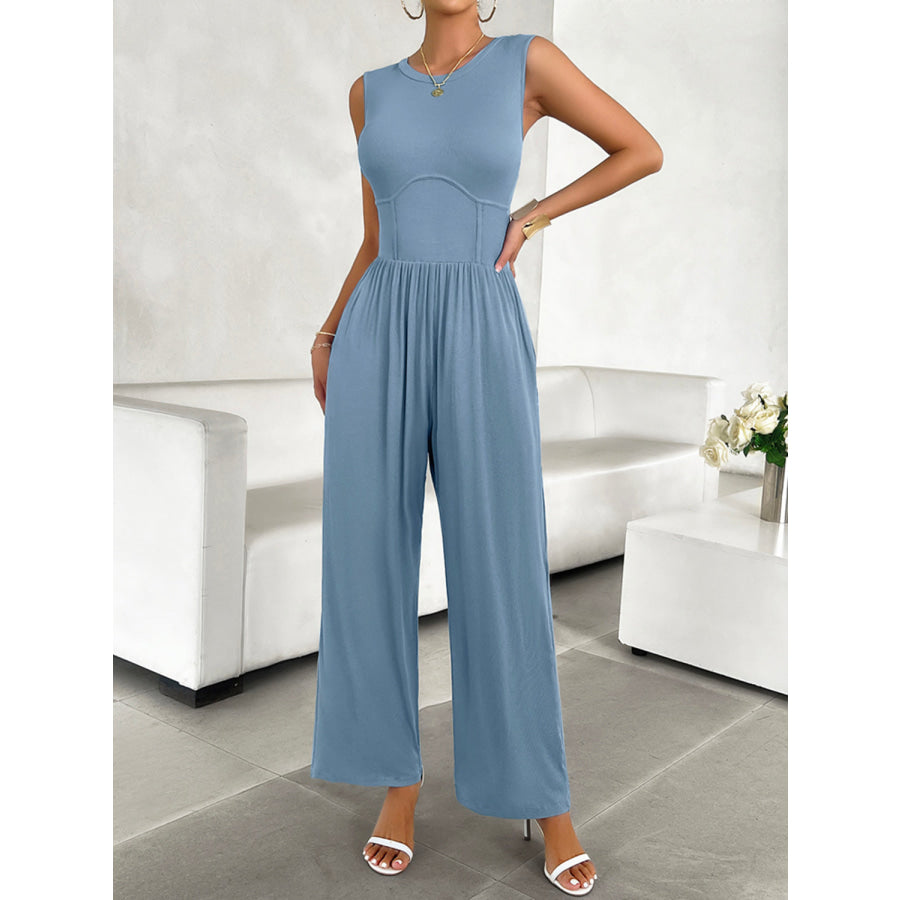 Round Neck Sleeveless Wide Leg Jumpsuit Apparel and Accessories