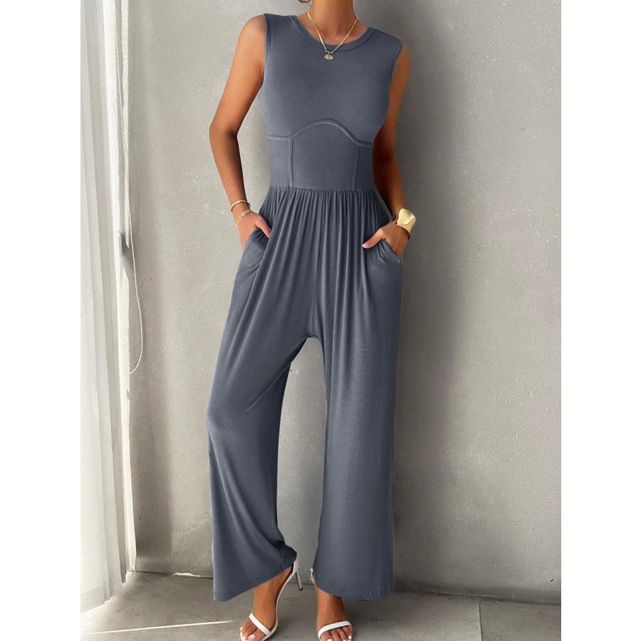 Round Neck Sleeveless Wide Leg Jumpsuit Apparel and Accessories