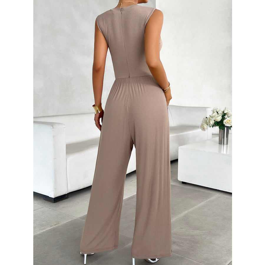 Round Neck Sleeveless Wide Leg Jumpsuit Mocha / S Apparel and Accessories