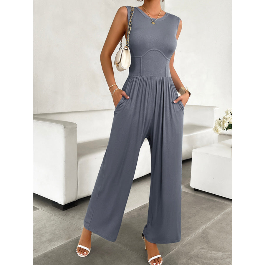 Round Neck Sleeveless Wide Leg Jumpsuit Blue-Gray / S Apparel and Accessories