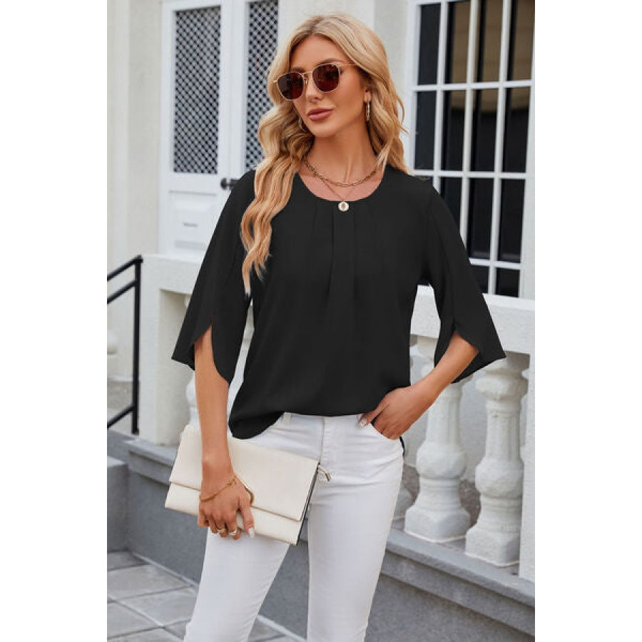 Round Neck Slit Half Sleeve Top Black / S Clothing