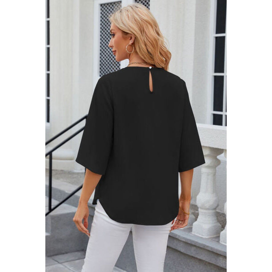 Round Neck Slit Half Sleeve Top Clothing