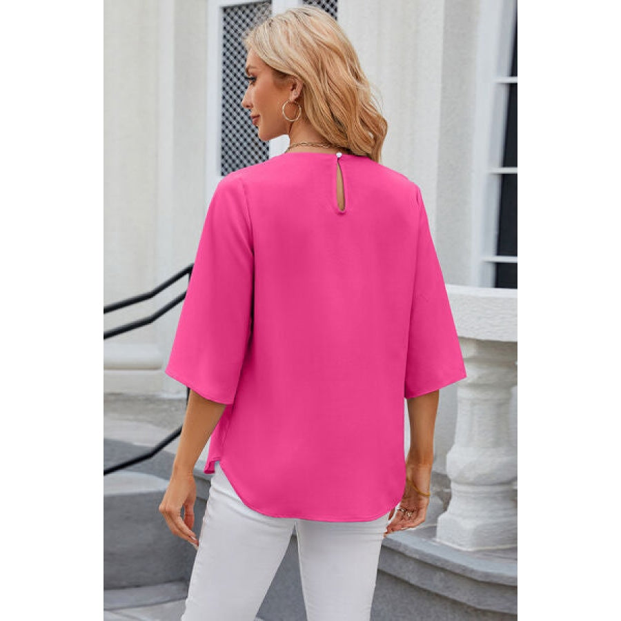 Round Neck Slit Half Sleeve Top Clothing