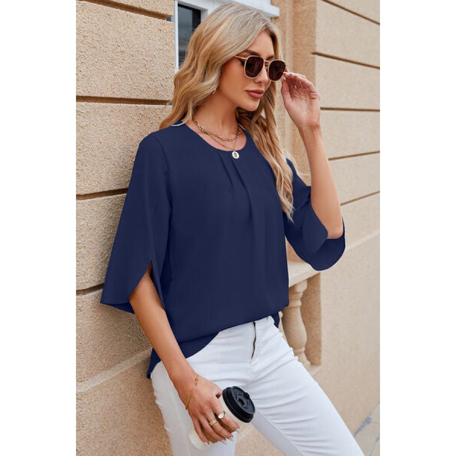 Round Neck Slit Half Sleeve Top Clothing