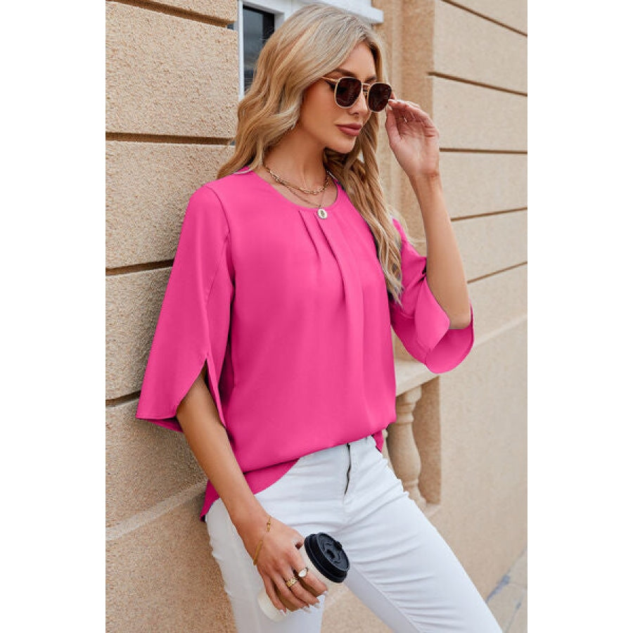 Round Neck Slit Half Sleeve Top Clothing