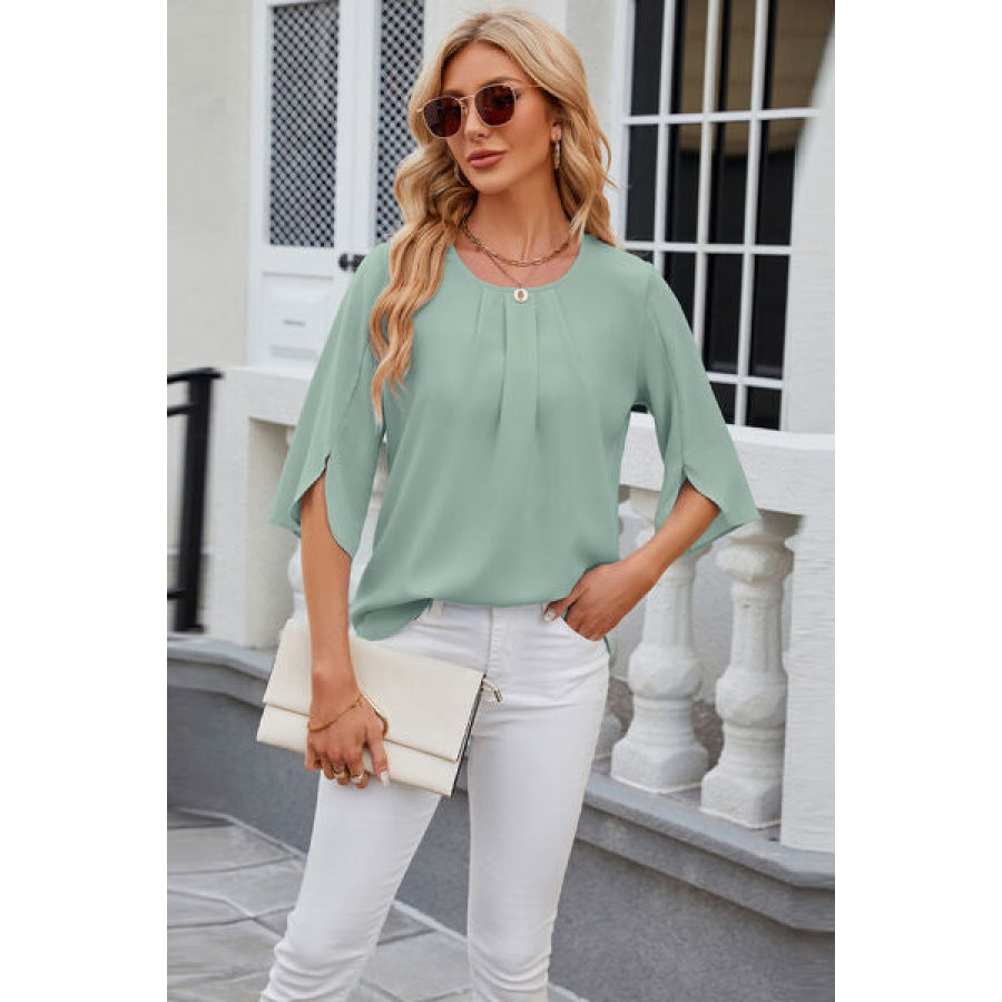 Round Neck Slit Half Sleeve Top Clothing