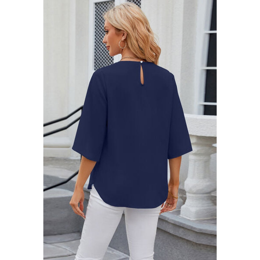 Round Neck Slit Half Sleeve Top Clothing