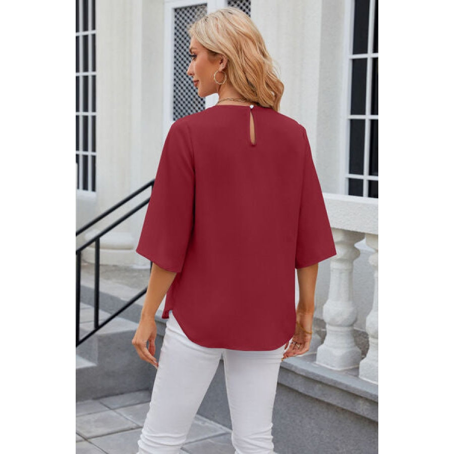 Round Neck Slit Half Sleeve Top Clothing