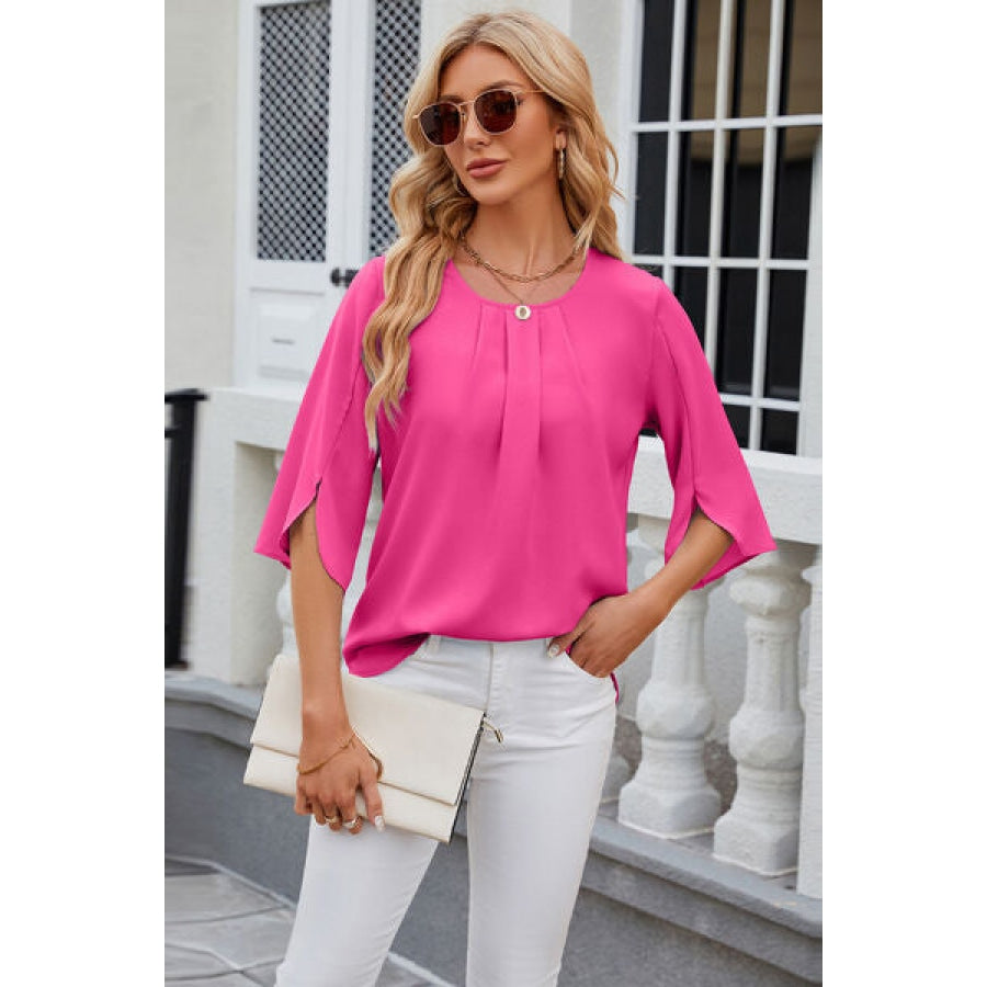 Round Neck Slit Half Sleeve Top Clothing