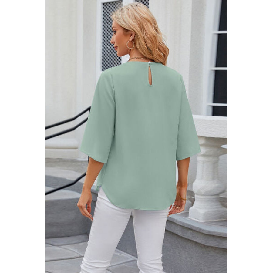 Round Neck Slit Half Sleeve Top Clothing