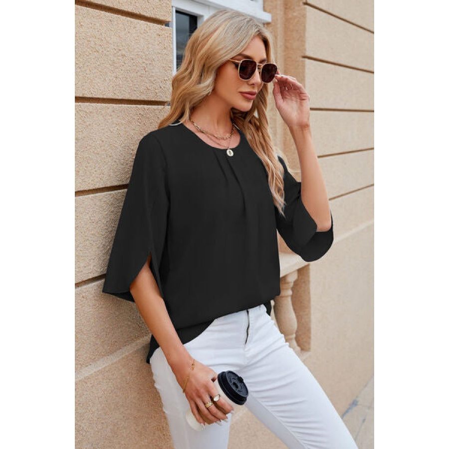 Round Neck Slit Half Sleeve Top Clothing