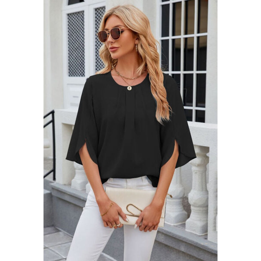 Round Neck Slit Half Sleeve Top Clothing