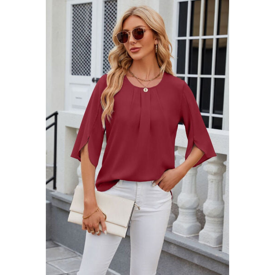 Round Neck Slit Half Sleeve Top Clothing