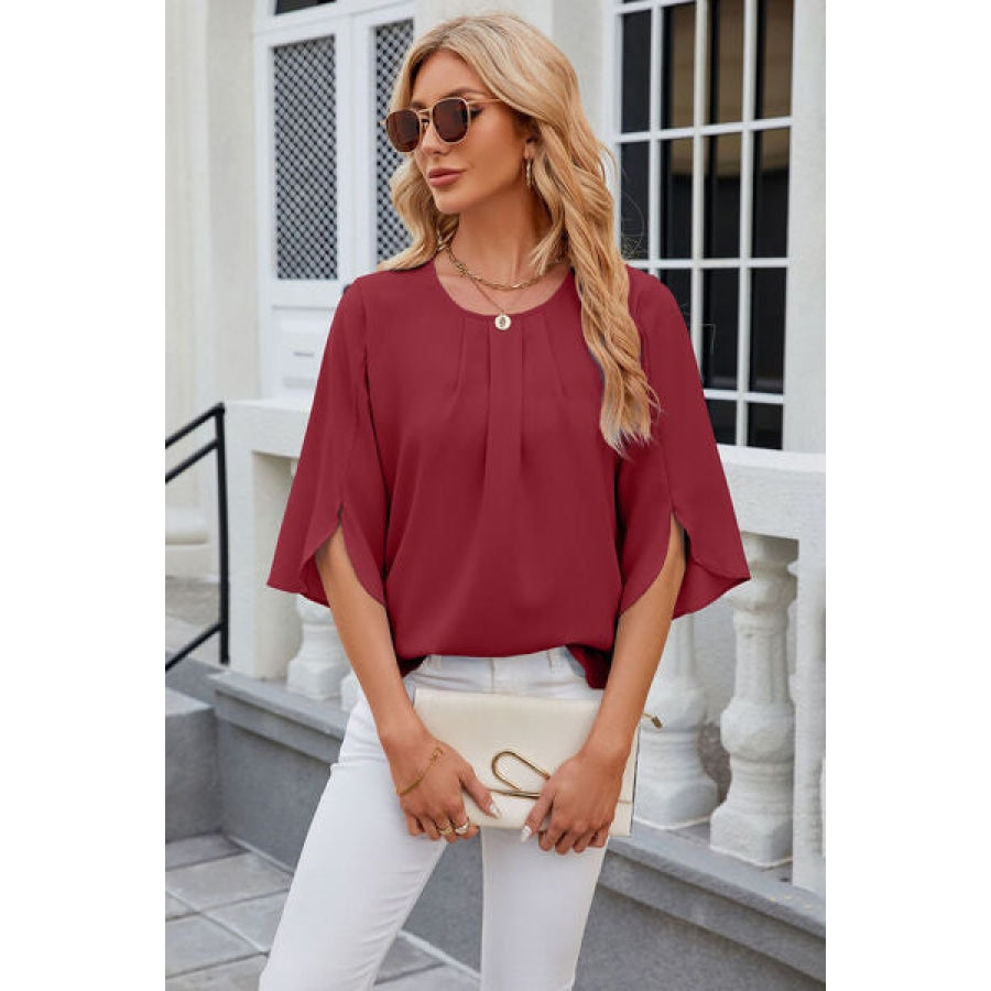 Round Neck Slit Half Sleeve Top Deep Red / S Clothing