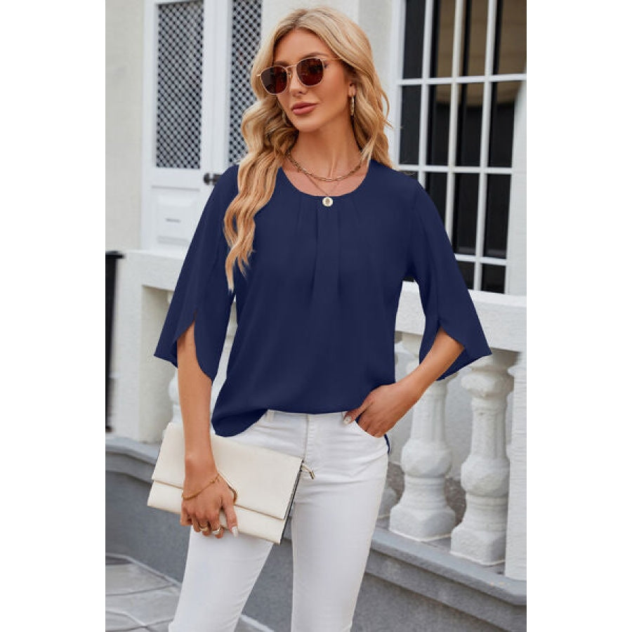 Round Neck Slit Half Sleeve Top Navy / S Clothing