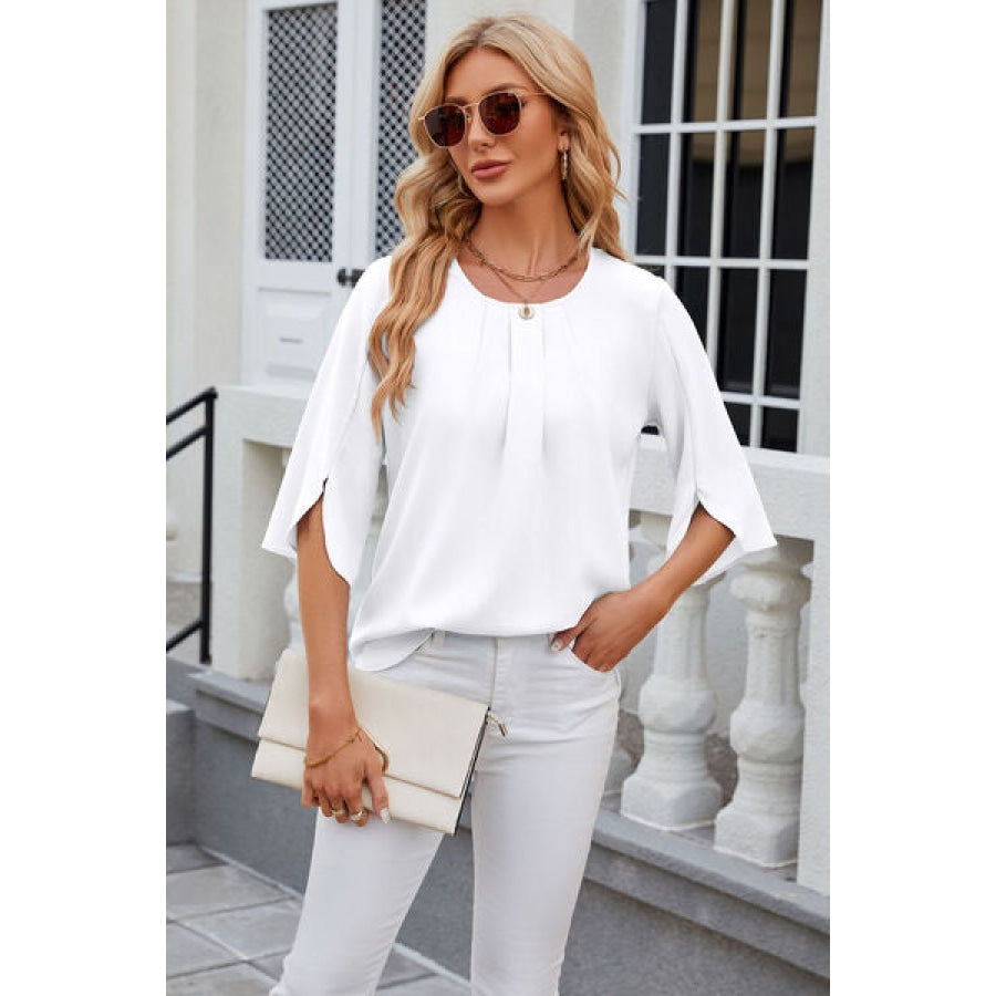 Round Neck Slit Half Sleeve Top White / S Clothing