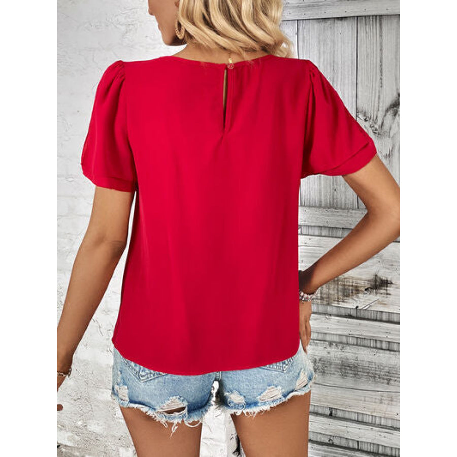Round Neck Slit Short Sleeve Top Red / S Apparel and Accessories