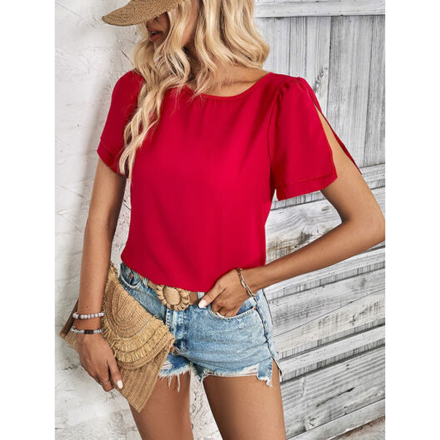Round Neck Slit Short Sleeve Top Apparel and Accessories