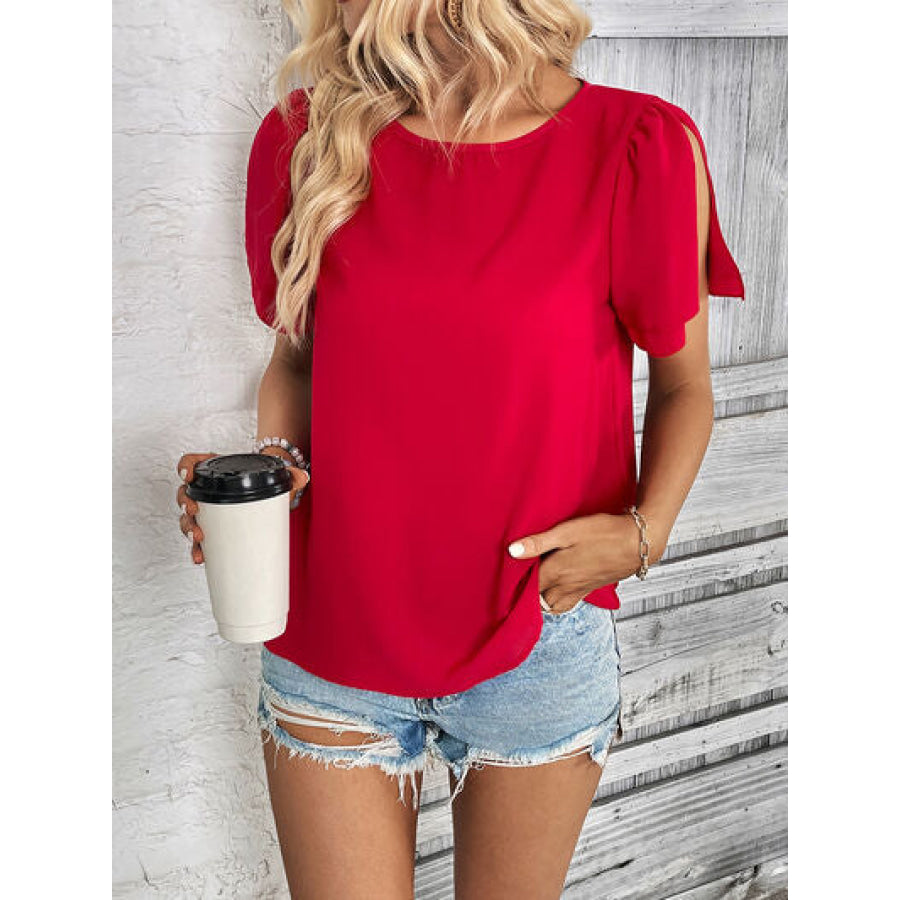 Round Neck Slit Short Sleeve Top Red / S Apparel and Accessories