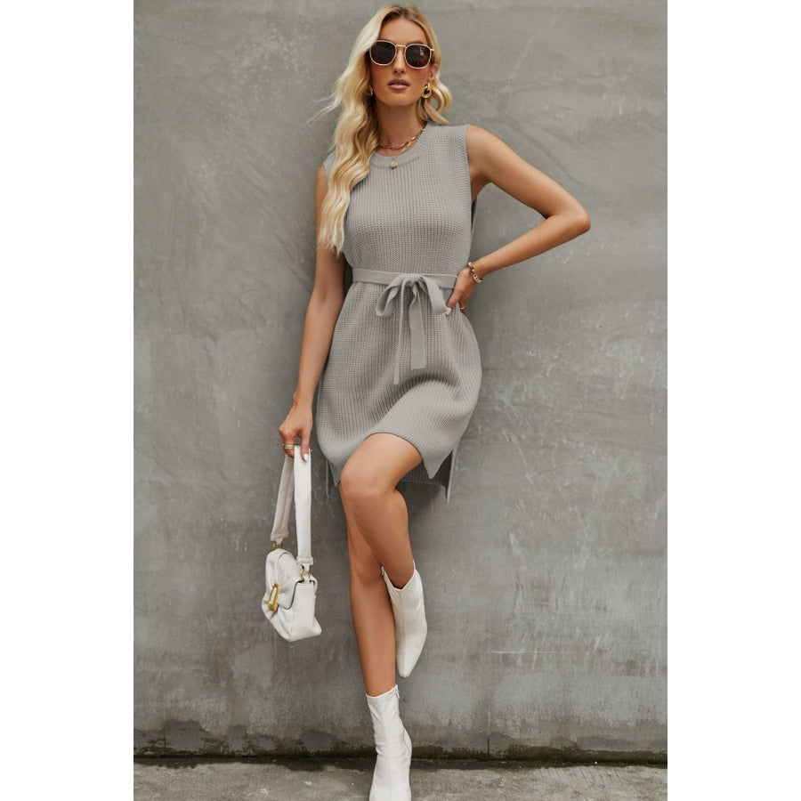 Round Neck Slit Sleeveless Sweater Dress